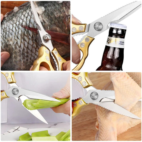 Heavy Duty Kitchen Scissors With Stainless Steel Blades And Aluminum Handles Dishwasher Safe Multipurpose Kitchen Shears For Meat Poultry Fish Seafood Herbs And Bread Gold Finish cutting fish, bottle cap, celery, and chicken