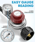 Front view Kohree propane regulator with hose, 4 ft, red cap, dual gauges 0-60 PSI/0-30 PSI, 3/8 flare