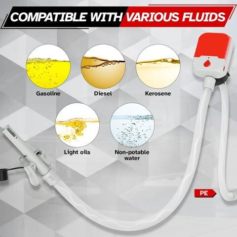 No Sweat Portable Fuel Transfer Pump With Smart Auto Stop Shutoff 3.8 Gallons Per Minute showcasing compatibility with various fluids like gasoline and diesel.