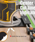 Universal Aluminum Router Guide Rail Adapter Compatible With Makita Festool Track Saw Rails Includes Two Heavy Duty Stops, close-up showing router and cut line indicator.