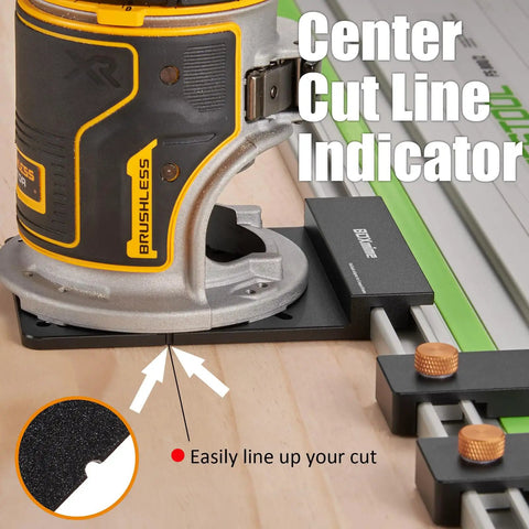 Universal Aluminum Router Guide Rail Adapter Compatible With Makita Festool Track Saw Rails Includes Two Heavy Duty Stops, close-up showing router and cut line indicator.