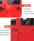 Before and after installation of Red Aluminum Grab Handle Inserts And Push Button Knob Covers Trim For Jeep Wrangler JK JKU Sahara Rubicon