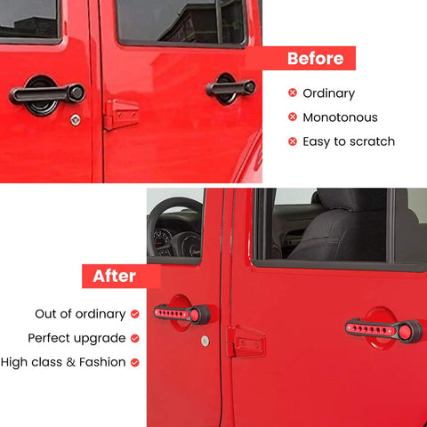 Before and after installation of Red Aluminum Grab Handle Inserts And Push Button Knob Covers Trim For Jeep Wrangler JK JKU Sahara Rubicon