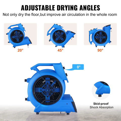 Beefed Up 1/2 HP Air Mover Carpet Dryer with adjustable angles, showing 0°, 20°, 45°, and 90° positions for drying and ventilation.