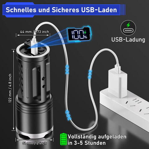 Ultra Bright LED Flashlight With 100000 Lumens Rechargeable 10800mAh Battery Zoomable Focus USB charging setup
