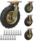 Set Of Four Rock Solid Pneumatic Caster Wheels With Smooth Rolling Rubber Tires For Cart And Furniture Moving Industrial Grade Hauling Gear With No Nonsense Real Deal Build showing detailed close-up of pneumatic wheel with bolts.