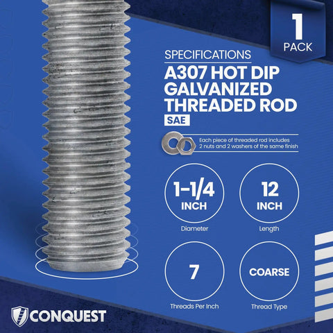 Hot Dip Galvanized Threaded Rod One And One Quarter Inch By Twelve Inch, 7 Threads Per Inch Coarse UNC, 60 KSI, 1 pack, A307