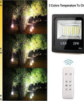 JUDYSSY Solar Flood Lights Led Solar Light with three color temperatures illuminating trees, remote control, IP66 waterproof.