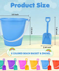 12 Pack 5 Inch Beach Buckets With Shovels Set For Kids showing blue bucket and shovel with size dimensions