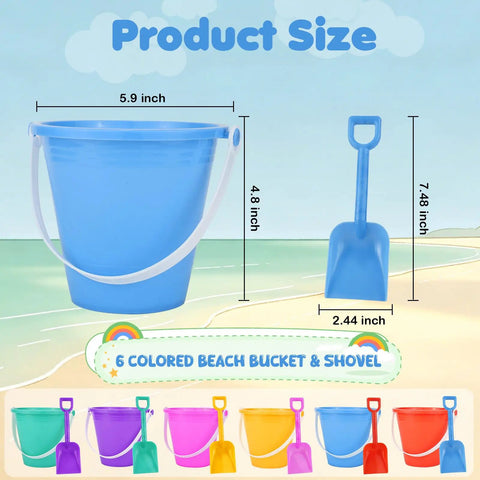 12 Pack 5 Inch Beach Buckets With Shovels Set For Kids showing blue bucket and shovel with size dimensions