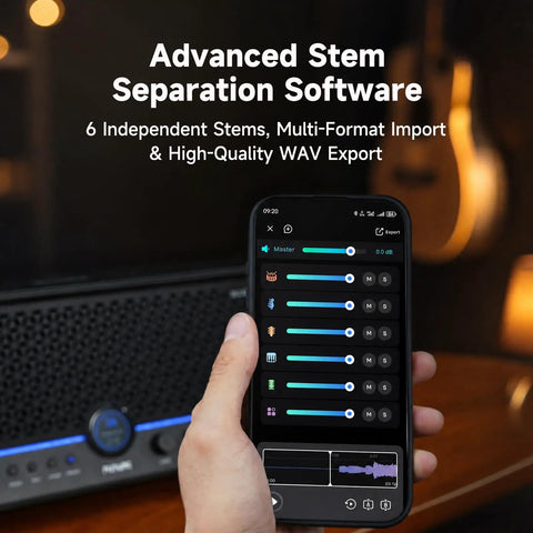 Person using advanced software on phone with 40W Touchscreen Guitar Amp With Built In Audio Separator Looper Drummer Mode in background