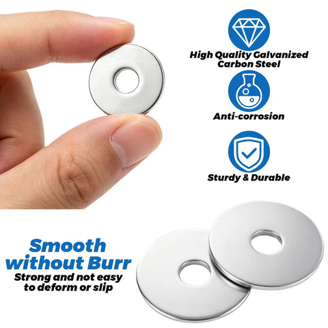 Hand holding a washer showing 400 Count Quarter Inch Inner Diameter Fender Washers One Inch Outer Diameter Zinc Plated One And A Half Millimeter Thick Flat Washers For Screws Hardware DIY Bulk Pack Great Value For DIY Projects