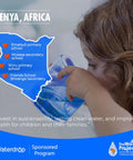 Child drinking water from a clear cup with a map of Kenya indicating schools and a water project logo.