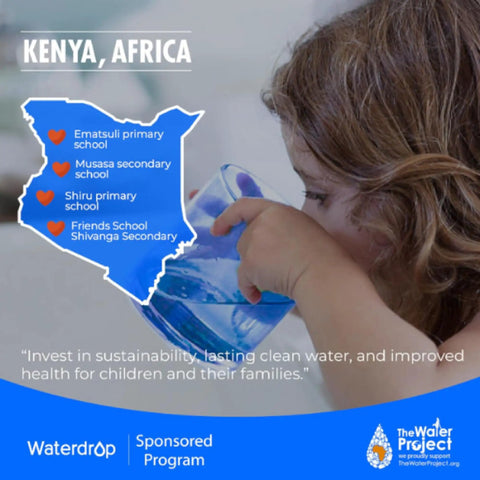Child drinking water from a clear cup with a map of Kenya indicating schools and a water project logo.