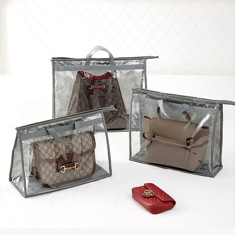 Clear Dustproof Handbag Storage Organizer For Closet With Hanging Zipper Pouches And Hooks, Multi Size Set For Small To Extra Large Purses And Bags, displaying various handbags in clear covers