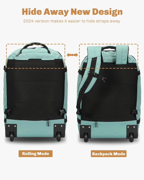 Mint green rolling backpack luggage with wheels; converts to backpack mode with straps.