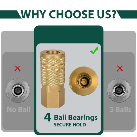 Comparison of 12 Pack 1 Quarter Inch NPT Female Air Hose Fittings showing 4 ball bearings for secure hold versus others with fewer.
