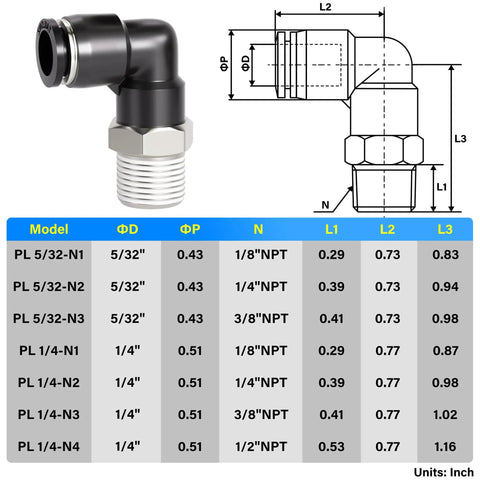 Elbow And Straight Push To Connect Fittings For Pneumatic Systems 5/32 Inch Tube OD X 1/8 Inch NPT Thread diagram and size chart