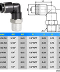 Elbow And Straight Push To Connect Fittings Set Five Thirty Second Inch Tube Outer Diameter To One Eighth Inch NPT Thread diagram
