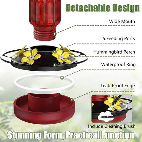 Detachable design of Hanging Hummingbird Feeder With Five Flower Shaped Feeding Ports 16 Oz Bird Feeder Bee Proof Design Built In Ant Moat.