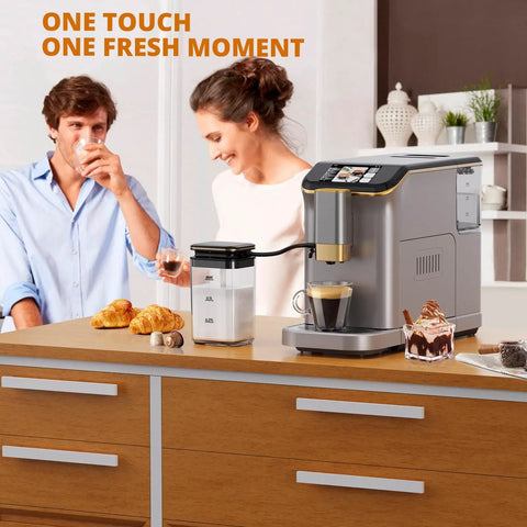 Automatic Espresso Coffee Machine With Milk Frother And 20 Bar Pressure Features 15 Grind Steps As An 8 In 1 Brewer with couple enjoying drinks.