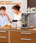 Fully Automatic Espresso Machine With Integrated Conical Burr Grinder And One Touch Milk Frother on a wooden countertop with coffee and croissants.