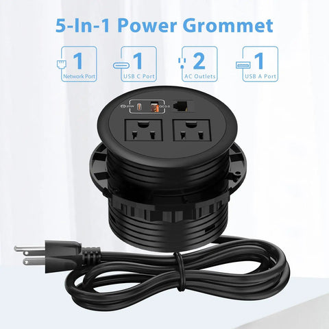 Slick Flush Mount Desktop Power Grommet Offering Recessed Layout With Two AC Outlets PD 20W USB C Fast Charge Port And Ethernet Jack