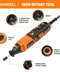 Powerful 180W Corded Rotary Tool Kit With 6 Variable Speeds And Flex Shaft, Chainsaw Sharpener, tool features highlighted