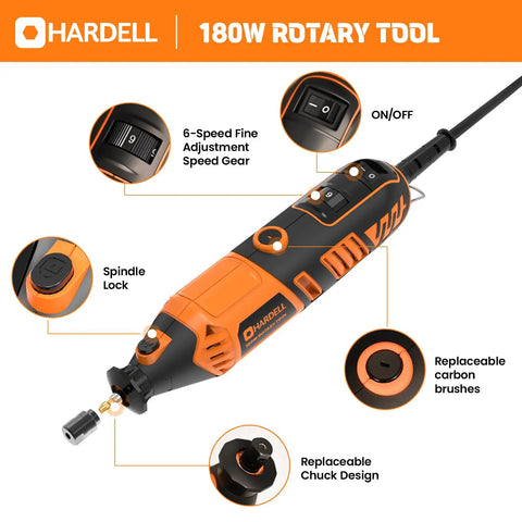 Powerful 180W Corded Rotary Tool Kit With 6 Variable Speeds And Flex Shaft, Chainsaw Sharpener, tool features highlighted