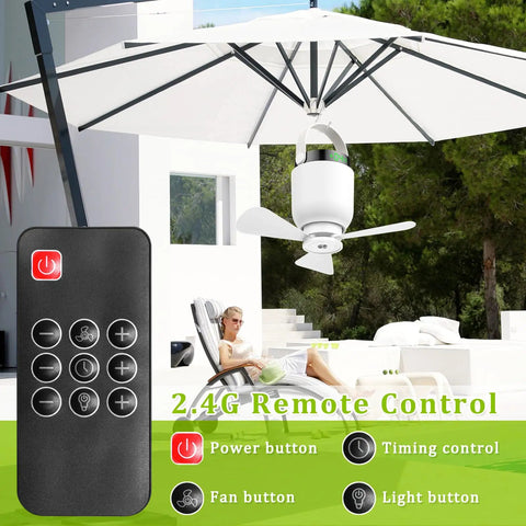 2 In 1 Camping Fan And LED Lantern For Outdoors Portable Hanging Ceiling Fan With Light and remote under a patio umbrella