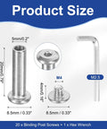 Hella Tough 304 Stainless Steel Chicago Screws With Hex Socket Cap Bolts For Scrapbook Leather Crafts And Furniture Repair Metal Binding Post Hardware Set In Polished Silver Finish, showing sizes and dimensions.