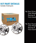 Rear Wheel Bearing And Hub Assembly Pair For 19-23 Toyota RAV4 All Wheel Drive, 20-23 Camry All Wheel Drive, 21-23 Venza All Wheel Drive, 22-23 Corolla Cross All Wheel Drive, 2 Piece Drop In Replacement Kit For Left And Right Rear Hubs. Box with parts shown