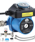 Instant Hot Water Recirculating Pump Kit Featuring Thermal Bypass Tech, compact size, includes multiple fittings and timer.