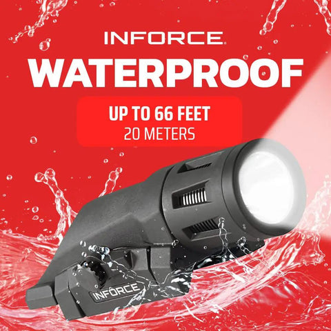 Gen 2 WML 400 Lumen Weapon Light With White Light And IR Illuminator Black Finish Built From 100 Percent Nylon Made In USA With Quick Lockout One Quarter Turn Head For Rifles And Tactical Gear shown as waterproof up to 66 feet