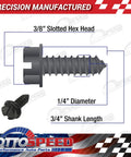Detailed diagram of rustproof license plate screw showing 3/8" slotted hex head, 1/4" diameter, and 3/4" shank length for US vehicles.