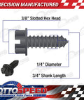 Diagram of 3/8" slotted hex head self-tapping screw from Black License Plate Screw Fastener Kit With 40 Piece Deluxe Mounting Set For Front And Back Plates For Cars Trucks And SUVs Includes Self Tapping Screws Covers Retainers And Anti Rattle Foam Pads Rustproof.