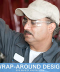 Man wearing Clear Safety Glasses ANSI Z87.1 Certified for Men and Women, durable lab eyewear with polycarbonate frames.