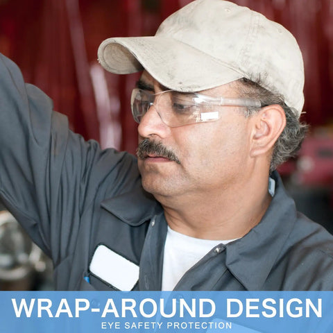 Man wearing Clear Safety Glasses ANSI Z87.1 Certified for Men and Women, durable lab eyewear with polycarbonate frames.