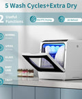 Compact Portable Dishwasher Featuring Six Wash Cycles Plus Quick Auto Dry For Effortless Cleanup In Tight Apartments RV Vans And Tiny Kitchens with open door revealing clean dishes.