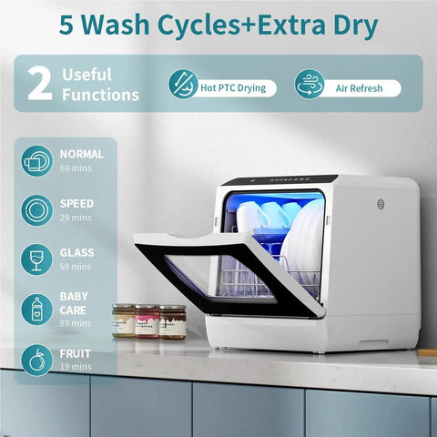 Compact Portable Dishwasher Featuring Six Wash Cycles Plus Quick Auto Dry For Effortless Cleanup In Tight Apartments RV Vans And Tiny Kitchens with open door revealing clean dishes.