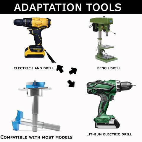 Adaptation tools image with electric hand drill, bench drill, lithium electric drill, and compatible drilling attachments.