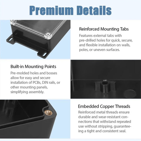 Premium details of IP65 Waterproof ABS Plastic Electrical Junction Box With Clear Cover Enclosure, highlighting reinforced tabs and threads.