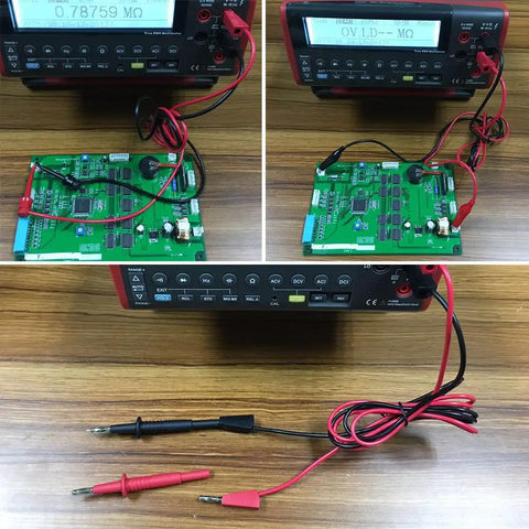 Alligator Clip To Banana Plug Multimeter Lead Set With Mini Hooks, 3 Pairs connected to multimeter and circuit board