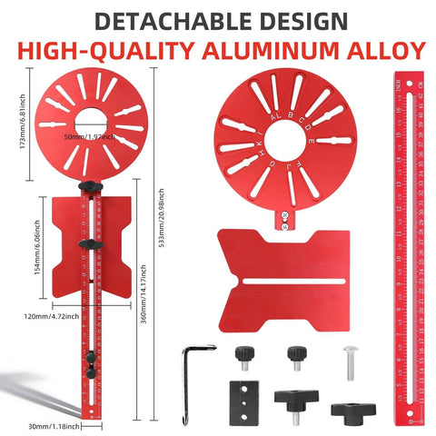 5 In 1 Router Circle Jig And Milling Groove Bracket For Woodworking Dope Aluminum Router Guide, red parts, measurement details