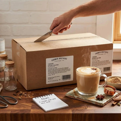 Person opening box of Creamy Instant Chai Latte Powder Mix For Hot Or Iced Drinks, Sweet Spiced Black Tea Latte with Milk and Honey