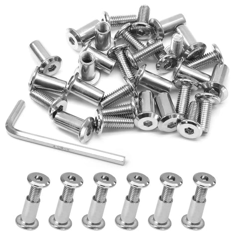Top Shelf M6x20mm Hex Socket Cap Bolts With Barrel Nuts And Heavy Duty Carbon Steel Fastener Kit Plus M4 Allen Wrench Offering Corrosion Resistant Silver Hardware For Bike Builds And Custom Rides with bolts and wrench displayed.