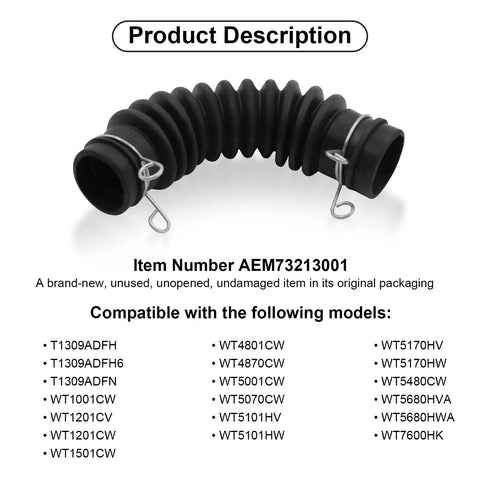 Heavy Duty Washing Machine Drain Hose Connecting Tub To Pump Compatible With LG Washers Model AEM73213001 black rubber design.