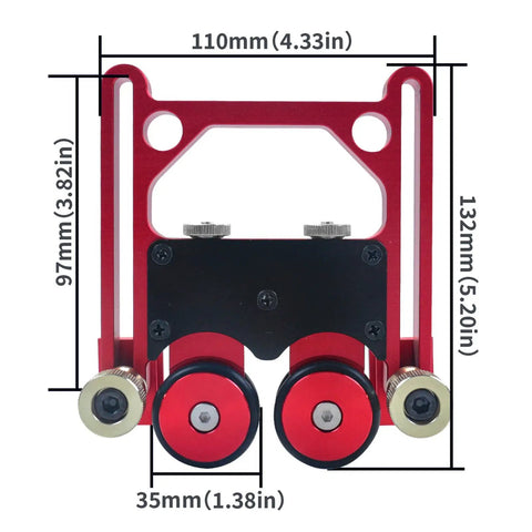Rock Solid Bearing Roller Featherboards For Table Saw Aluminum double wheel feed guide shown from the front with dimensions.