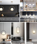 Collage of Mid Century Modern Large Globe Pendant Light with Brushed Brass Finish and White Glass Sphere, 13.8 Inch