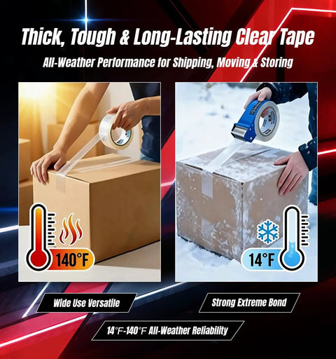 Clear Packing Tape Set 6 Rolls 408 Yards Total Heavy Duty Shipping Tape For Moving Boxes 2 Inch By 68 Yards Per Roll shown in use in different temperatures